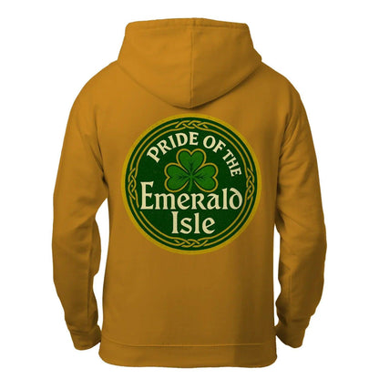 Mustard zip hoodie with hood and large green circular shamrock emblem on back