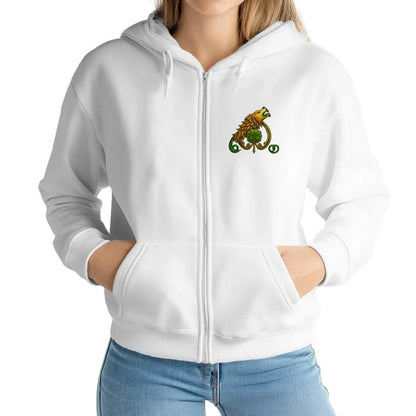 White zip hoodie with hood, front zipper, and small green shamrock dragon logo