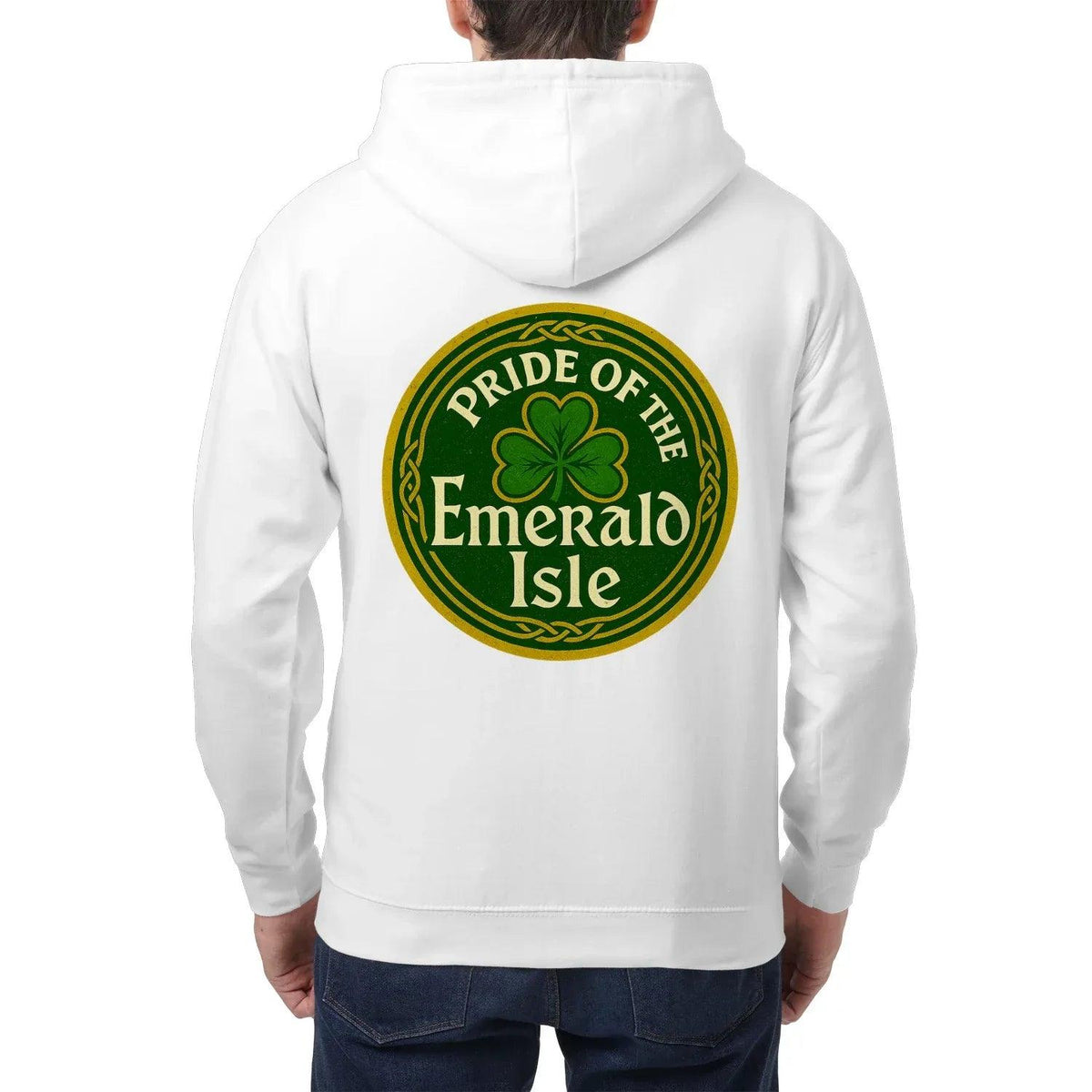 White zip hoodie with hood and large green circular shamrock emblem on back