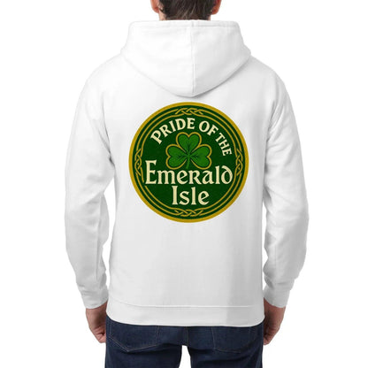 White zip hoodie with hood and large green circular shamrock emblem on back