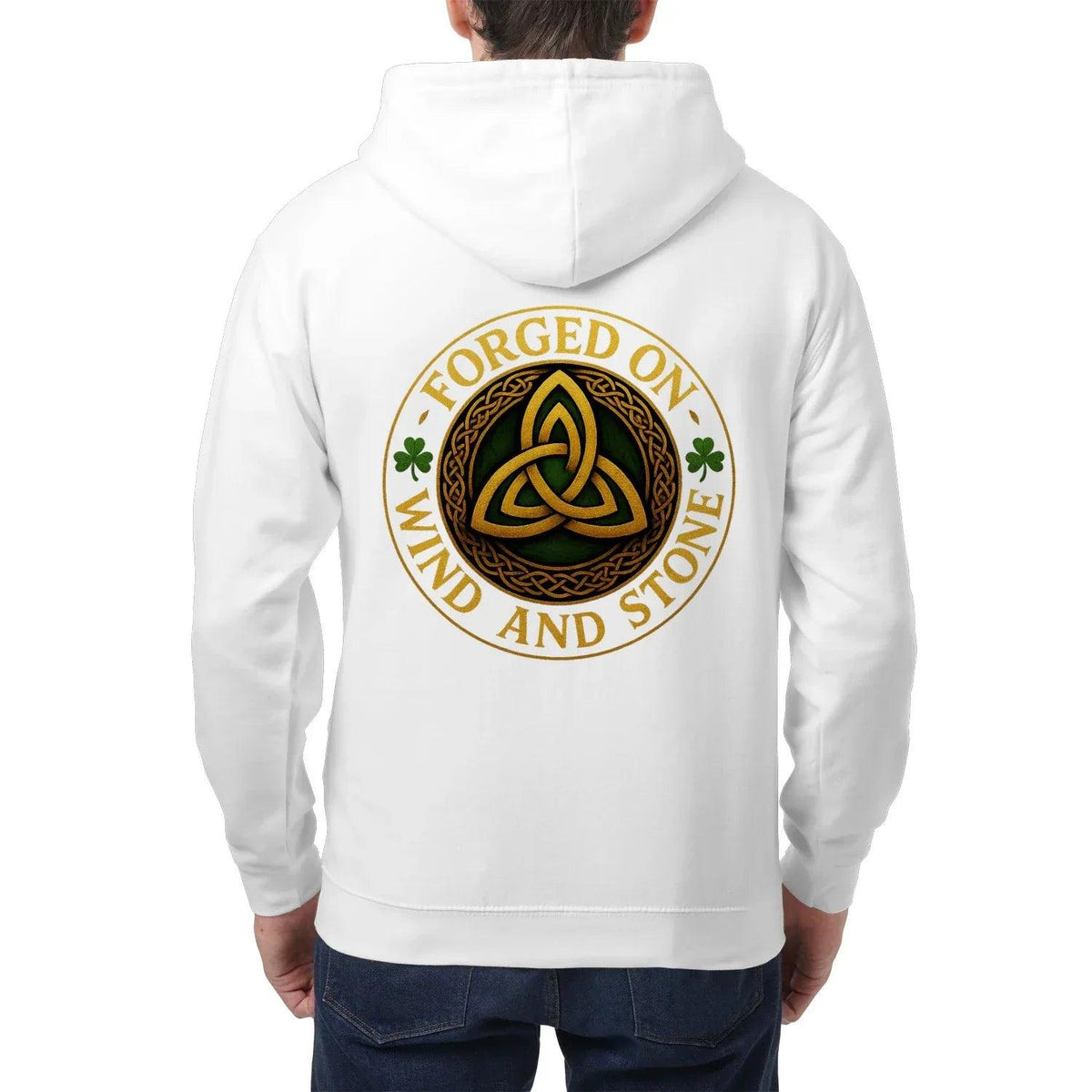 Arctic white zip hoodie with hood, large circular back logo graphic in gold and green