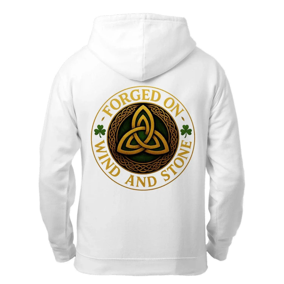 White zip hoodie with circular celtic knot graphic on back
