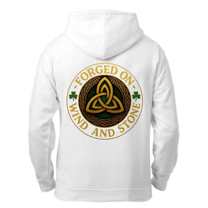 White zip hoodie with circular celtic knot graphic on back