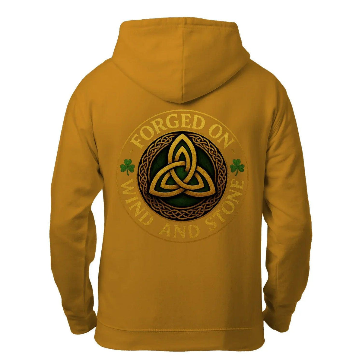 Mustard brown zip hoodie with hood and back celtic knot graphic