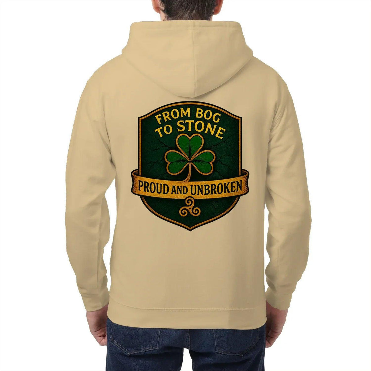 Sand zip-up hoodie, back view with large crest graphic and hood