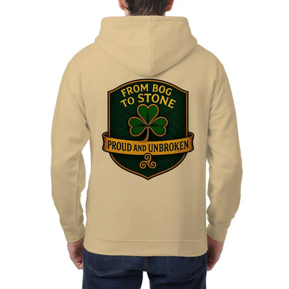 Sand zip-up hoodie, back view with large crest graphic and hood