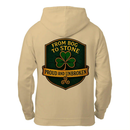 Sand zip-up hoodie, back view with From Bog to Stone crest