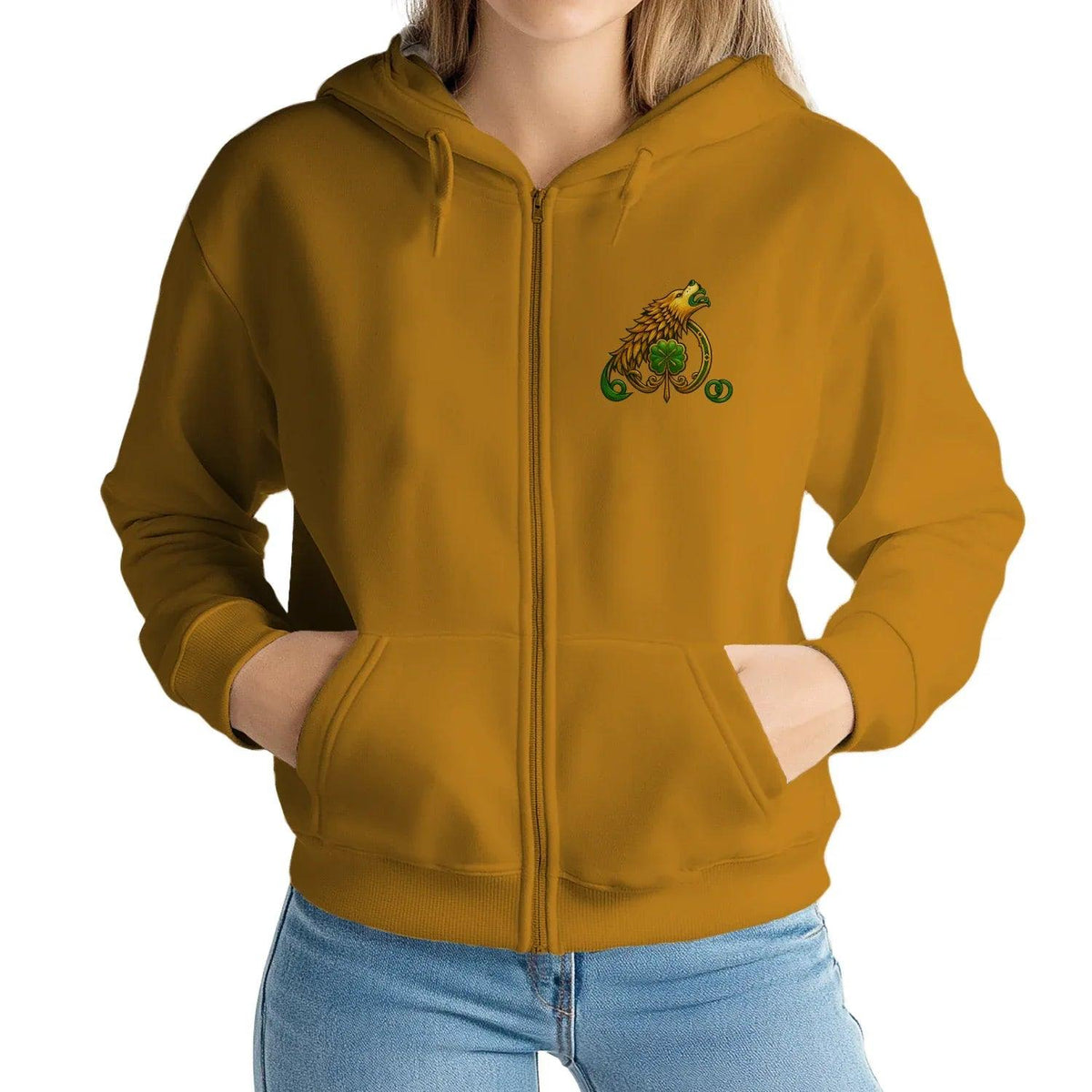 Mustard zip-up hoodie with hood and front kangaroo pocket, bird and clover chest graphic