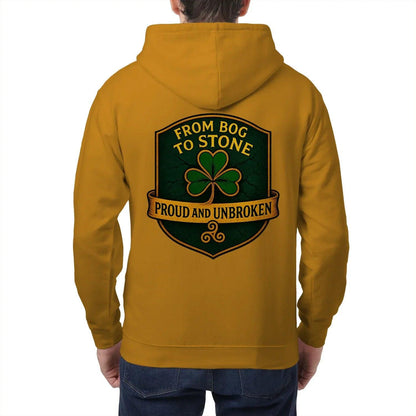 Mustard zip-up hoodie back view with large crest graphic and hood