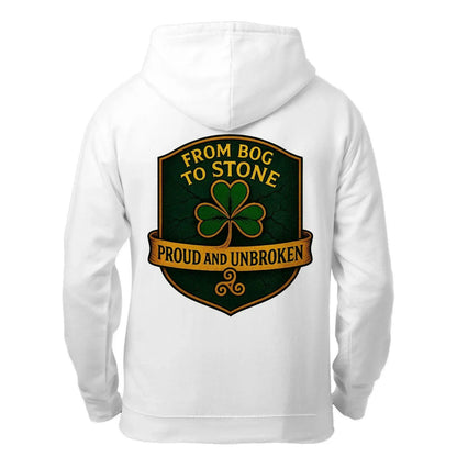 White zip hoodie with large back clover badge graphic, hood and kangaroo pocket.