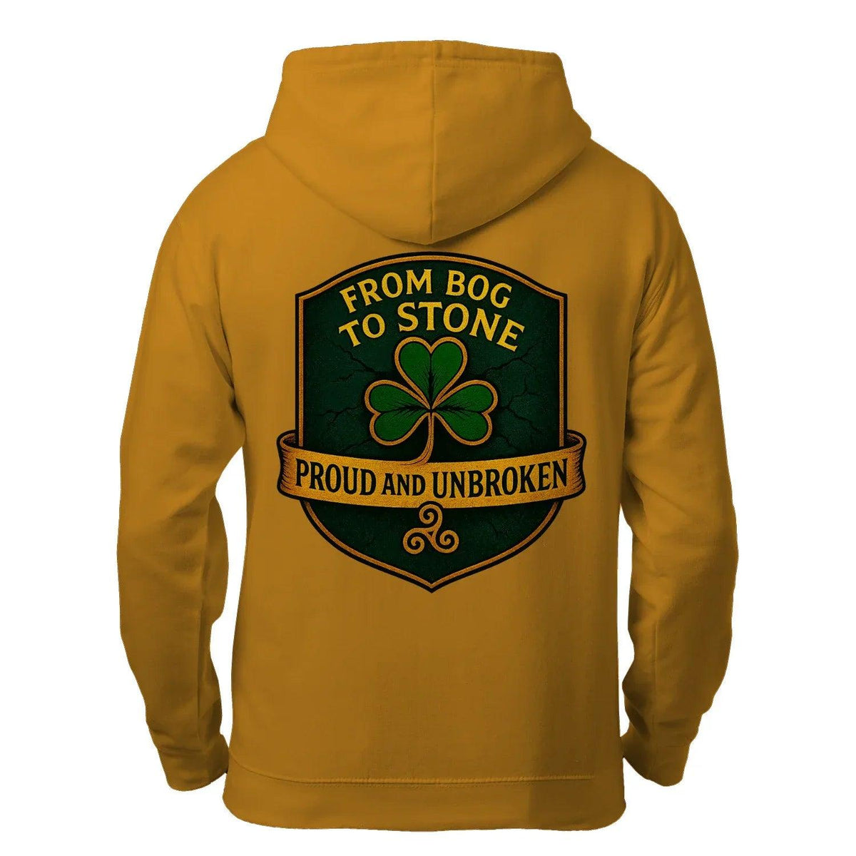 Mustard zip hoodie with hood and clover shield graphic on the front.