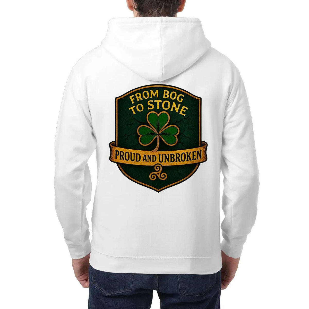 White zip-up hoodie back view with large crest graphic and hood