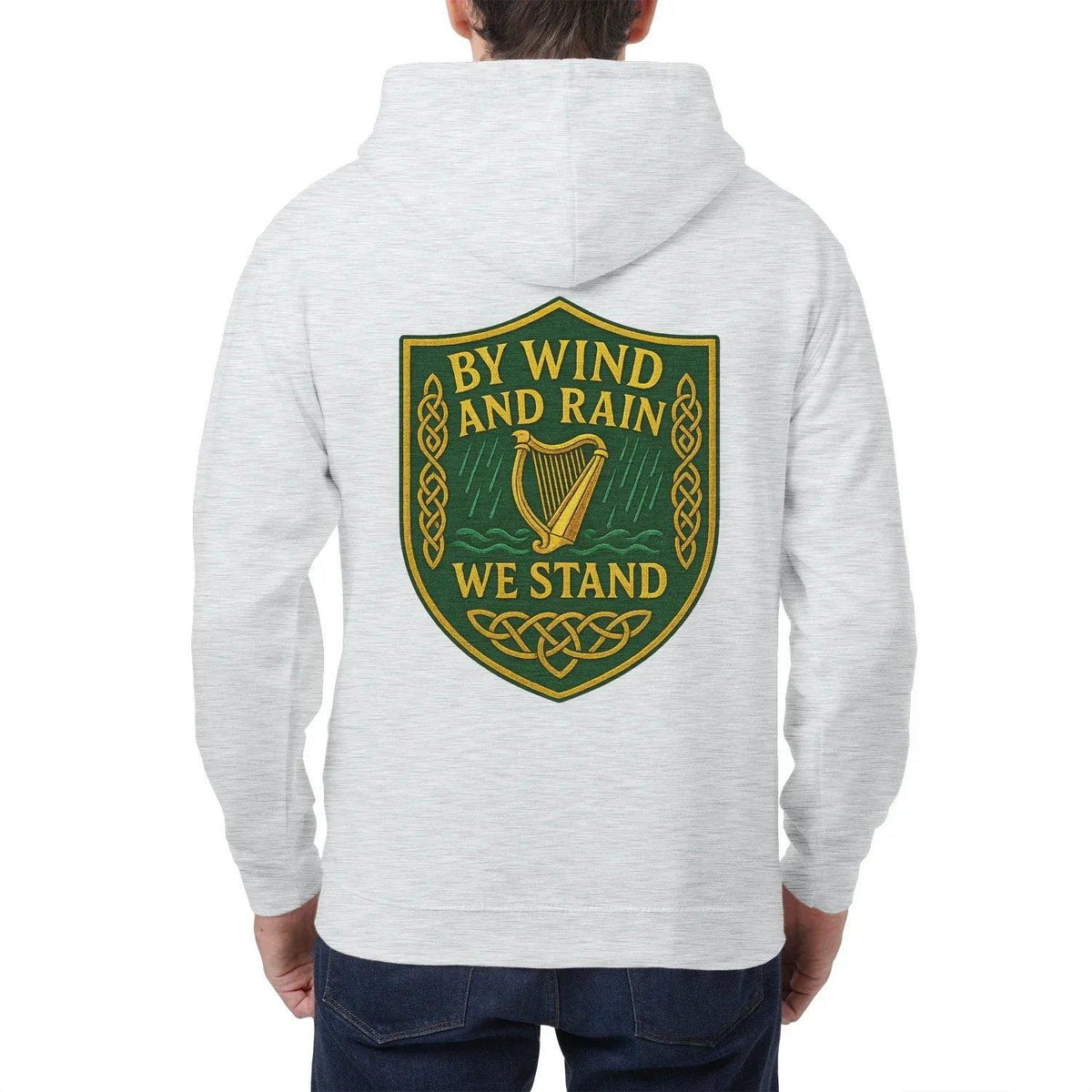 Light gray heather zip-up hoodie with hood and large back crest graphic
