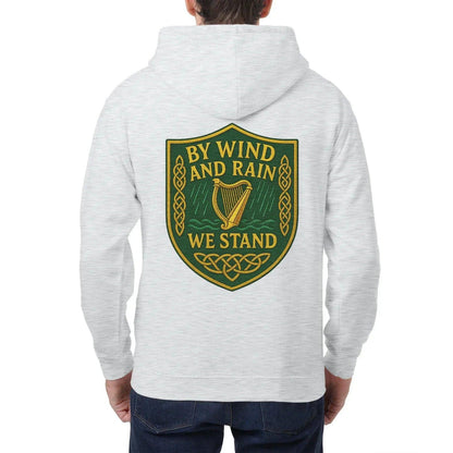 Light gray heather zip-up hoodie with hood and large back crest graphic