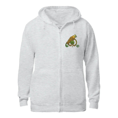 Light gray heather zip-up hoodie with hood and small chest bird graphic