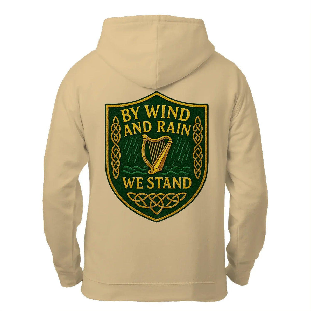 Beige zip hoodie with back shield graphic and attached hood