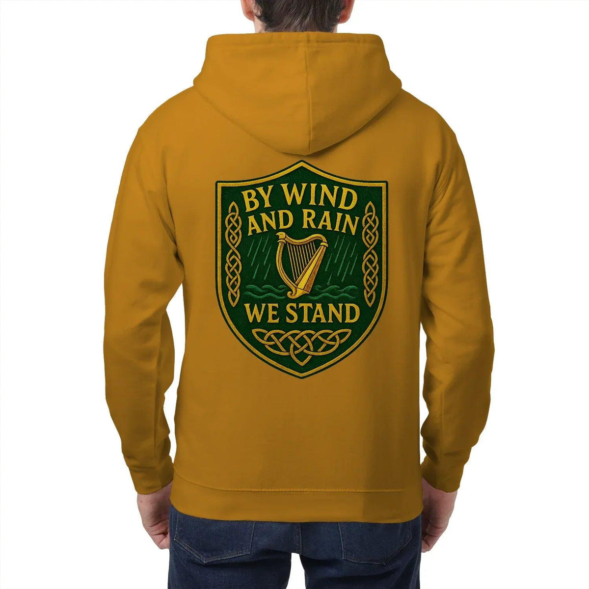 Mustard yellow zip hoodie with back shield graphic and attached hood