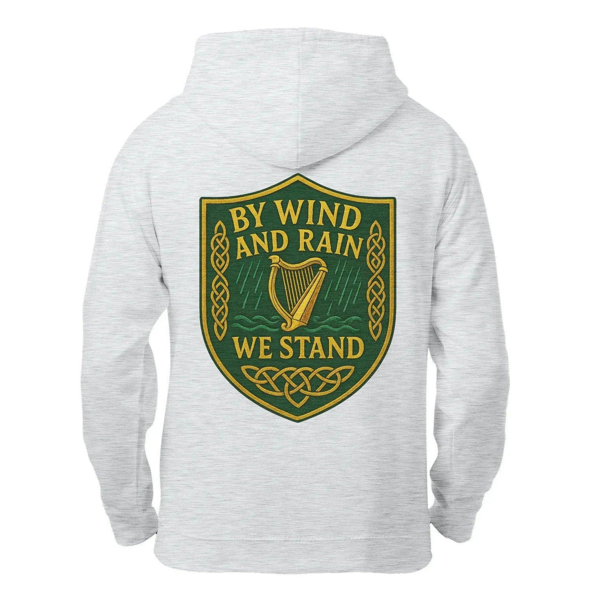 Light gray zip hoodie with hood; large back crest graphic in green and gold.