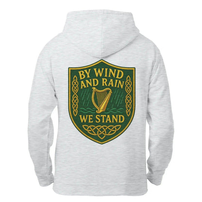 Light gray zip hoodie with hood; large back crest graphic in green and gold.