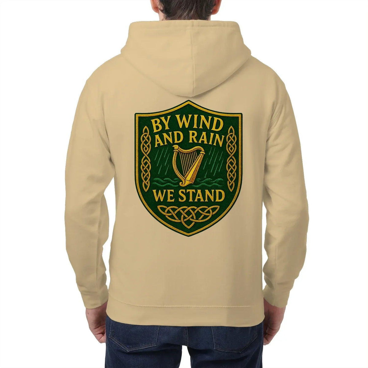 Beige zip hoodie with back shield graphic and attached hood