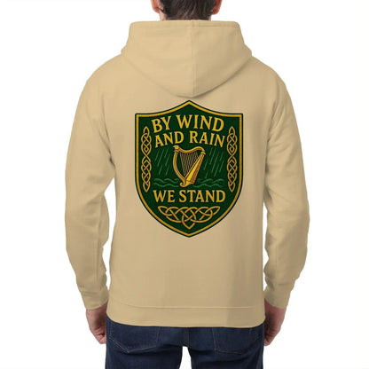 Beige zip hoodie with back shield graphic and attached hood