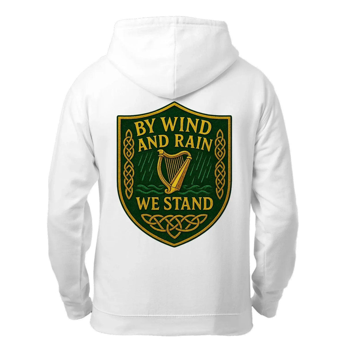 White zip hoodie with hood; large back crest graphic reading “By Wind And Rain”.