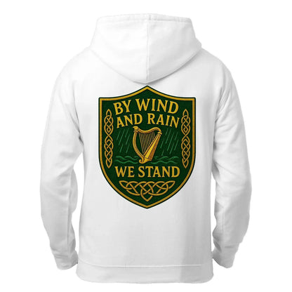 White zip hoodie with hood; large back crest graphic reading “By Wind And Rain”.