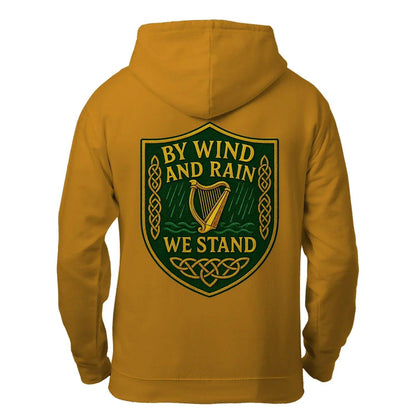 Mustard zip hoodie with hood; large back crest graphic in green and gold.