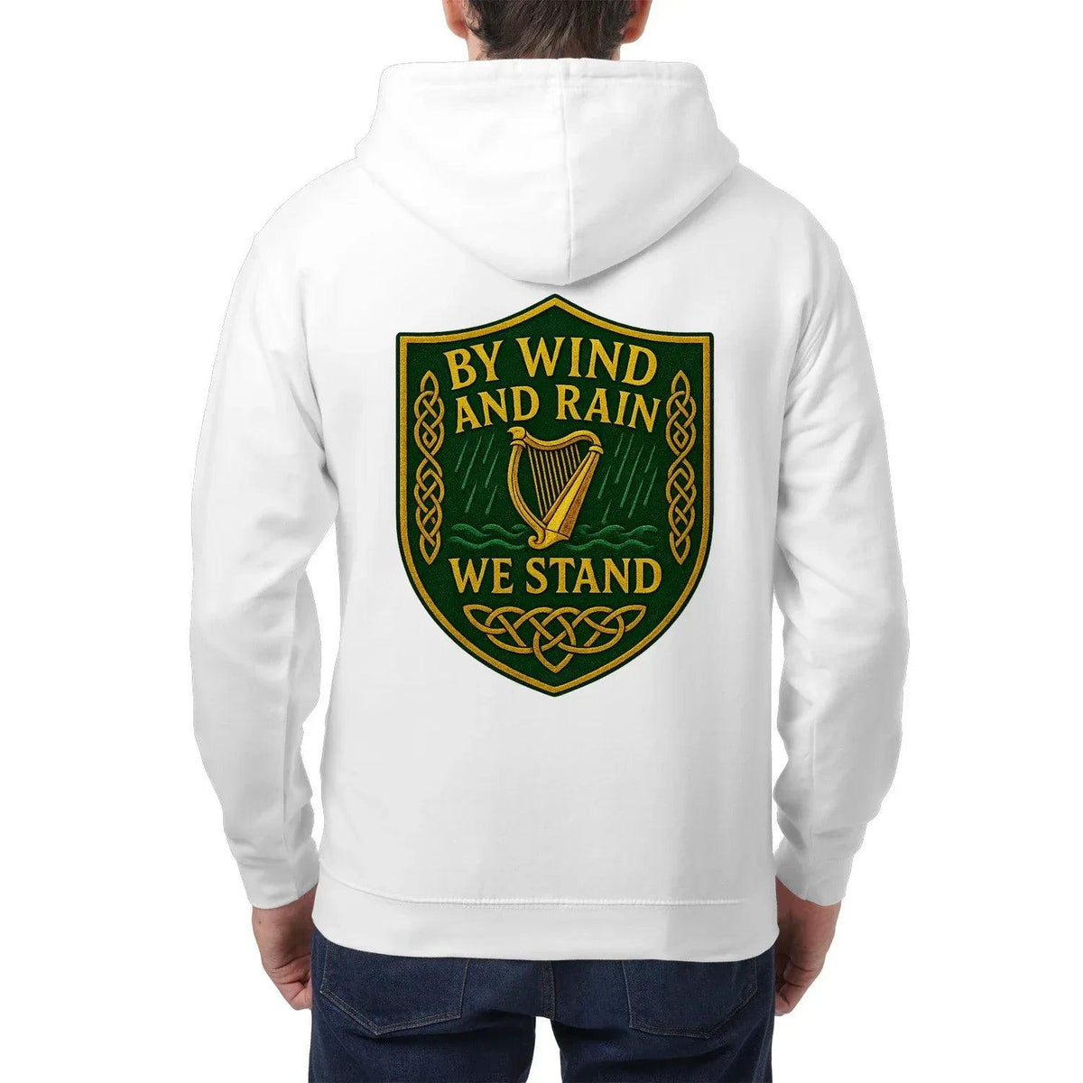 White zip hoodie with back shield graphic and attached hood