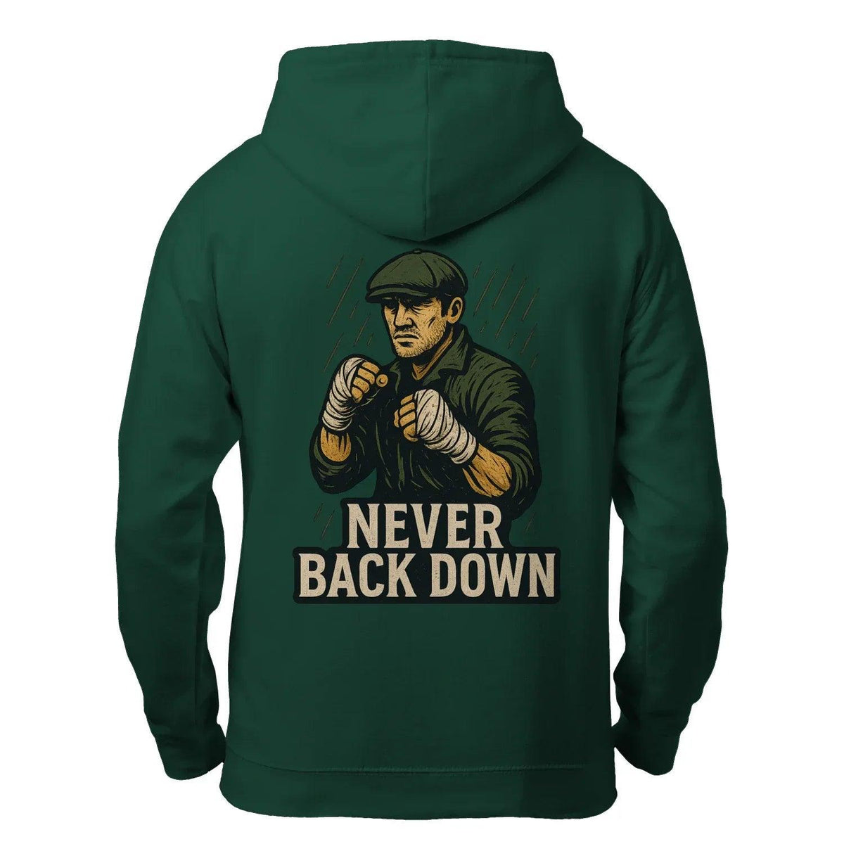 Dark green zip hoodie with “Never Back Down” graphic on back, hood, and long sleeves.