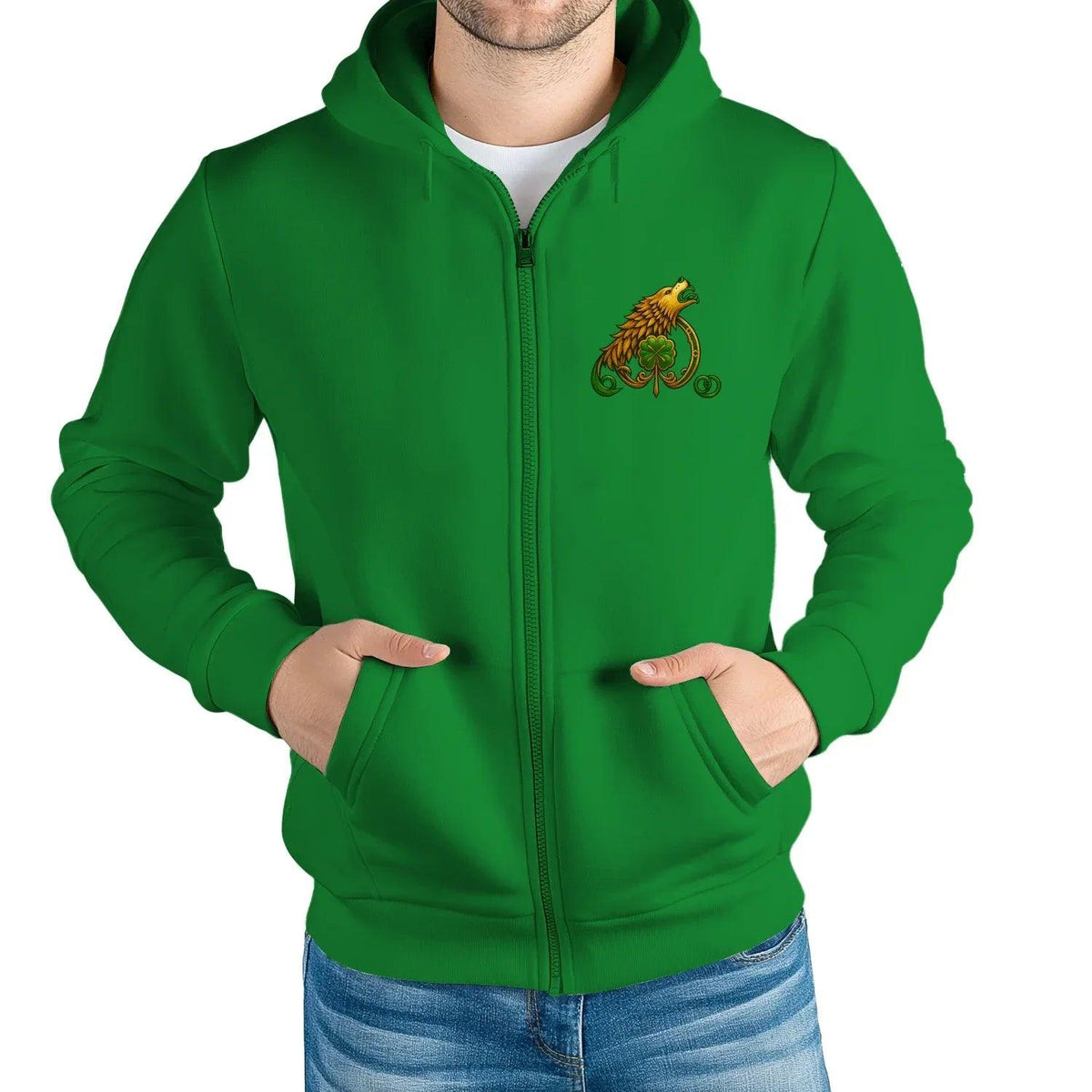Green zip-up hoodie with hood and front zipper; small chest emblem with gold bird motif