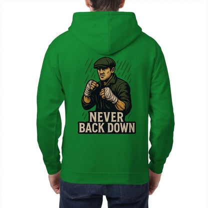Bright green zip-up hoodie with hood; back graphic of boxer and “NEVER BACK DOWN”