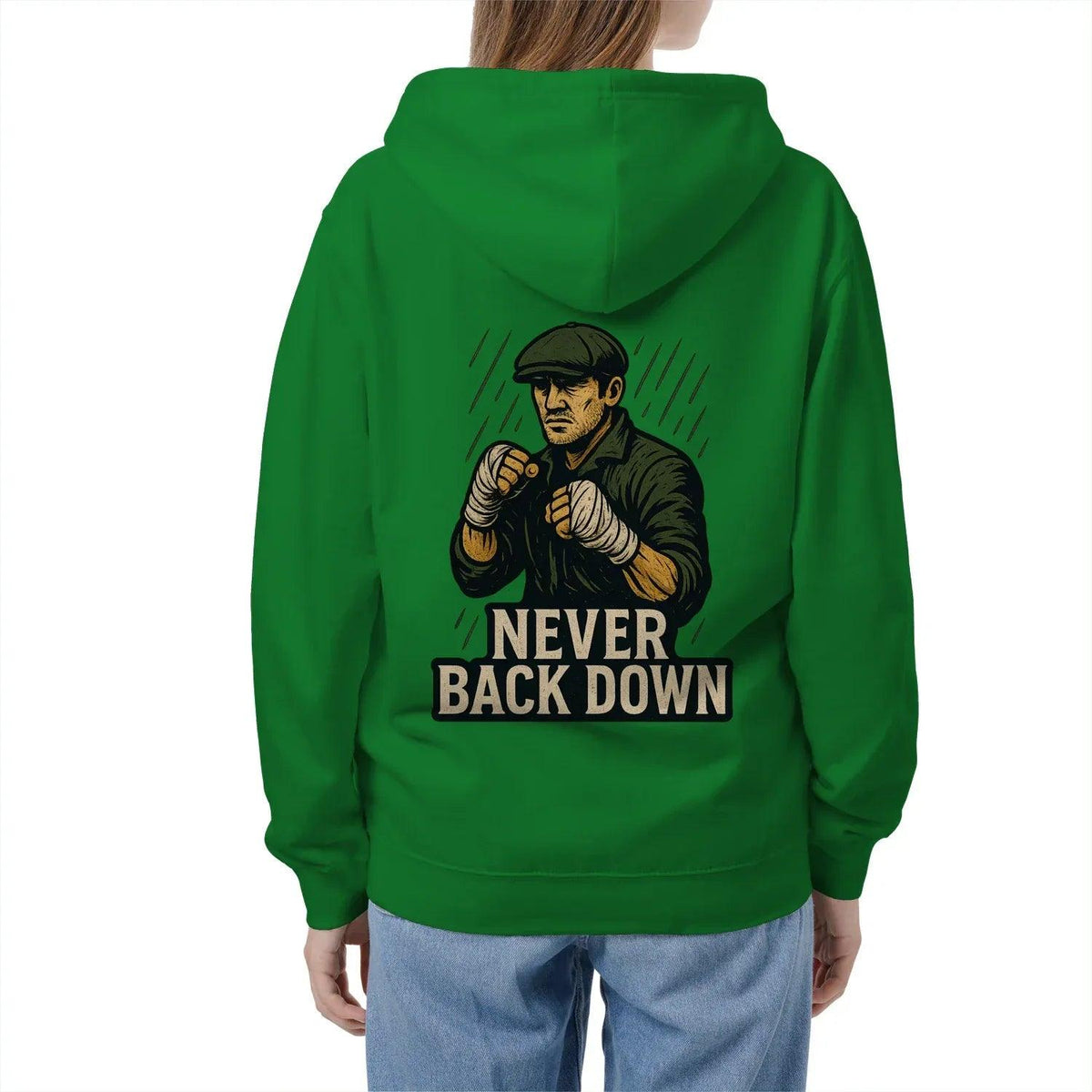 Bright green zip-up hoodie with hood and back text graphic reading “NEVER BACK DOWN”