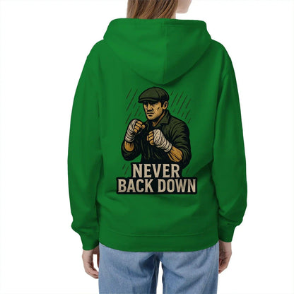 Bright green zip-up hoodie with hood and back text graphic reading “NEVER BACK DOWN”