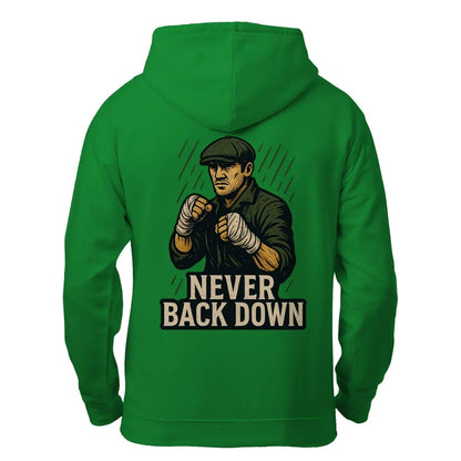 Bright green zip-up hoodie with hood and back print of boxer holding fists and “NEVER BACK DOWN”