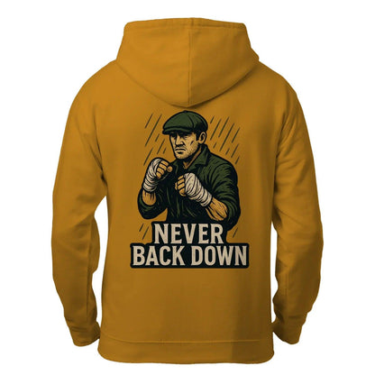 Mustard zip hoodie with “Never Back Down” graphic on back, hood, and long sleeves.