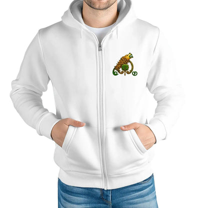 White zip hoodie with hood, front zipper, kangaroo pocket, and small chest character graphic.