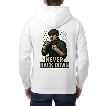 White zip hoodie with “Never Back Down” graphic on back, hood, and long sleeves.
