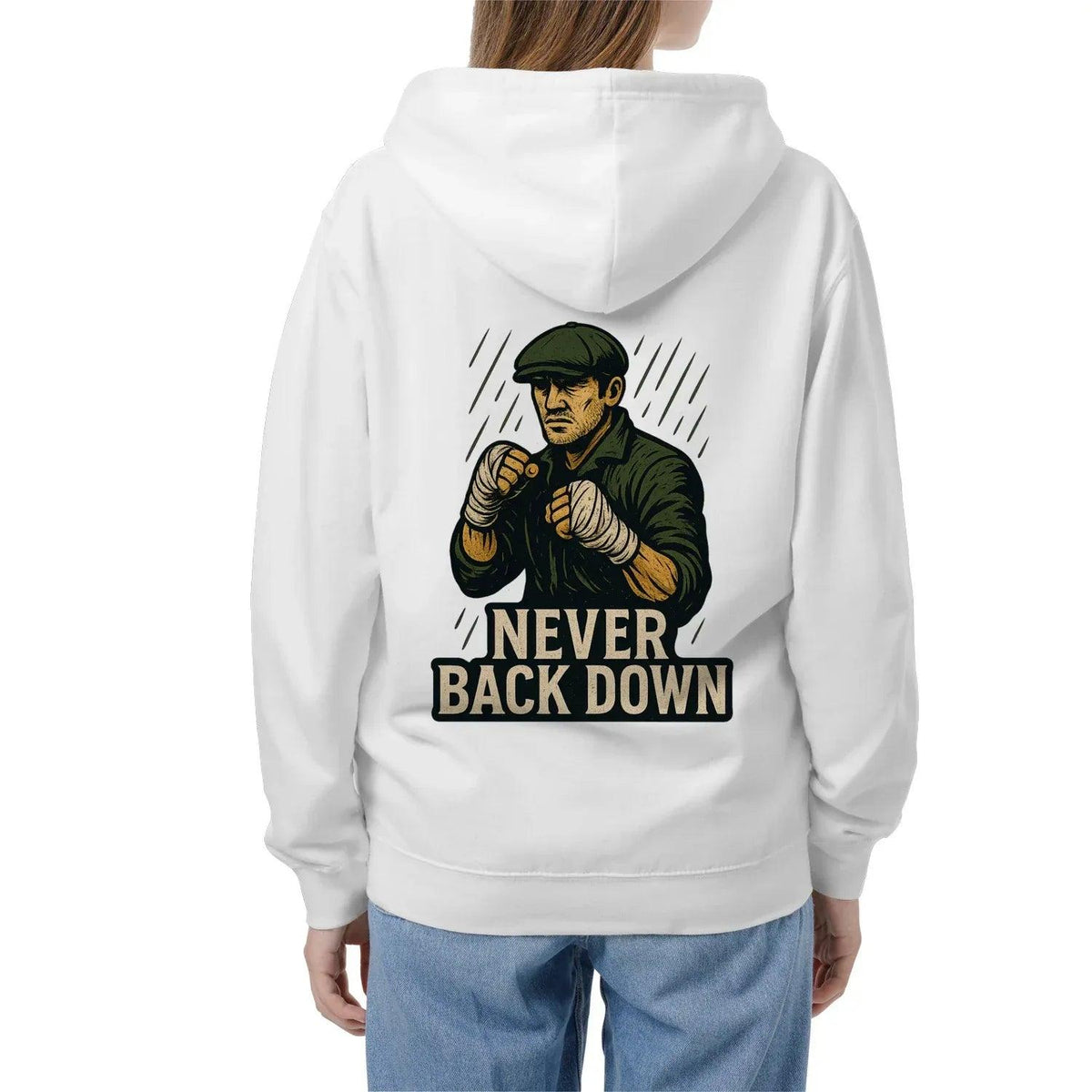 White zip hoodie with boxer graphic and “Never Back Down” text on back, hood, long sleeves.