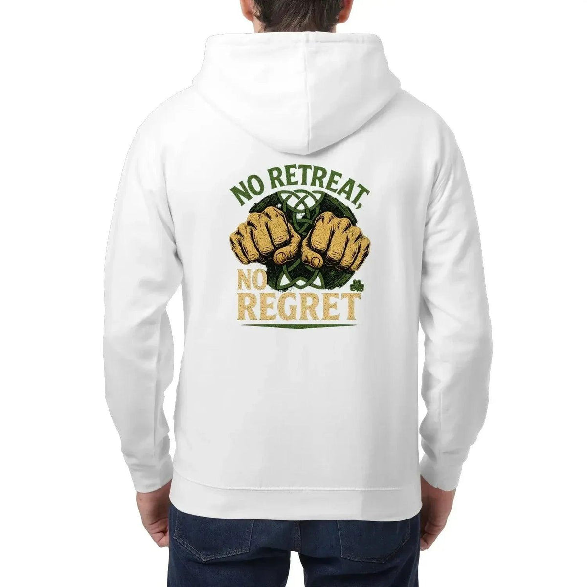 White lightweight zip hoodie with hood and back 'No Retreat No Regret' fists graphic