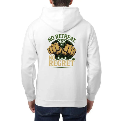 White lightweight zip hoodie with hood and back 'No Retreat No Regret' fists graphic