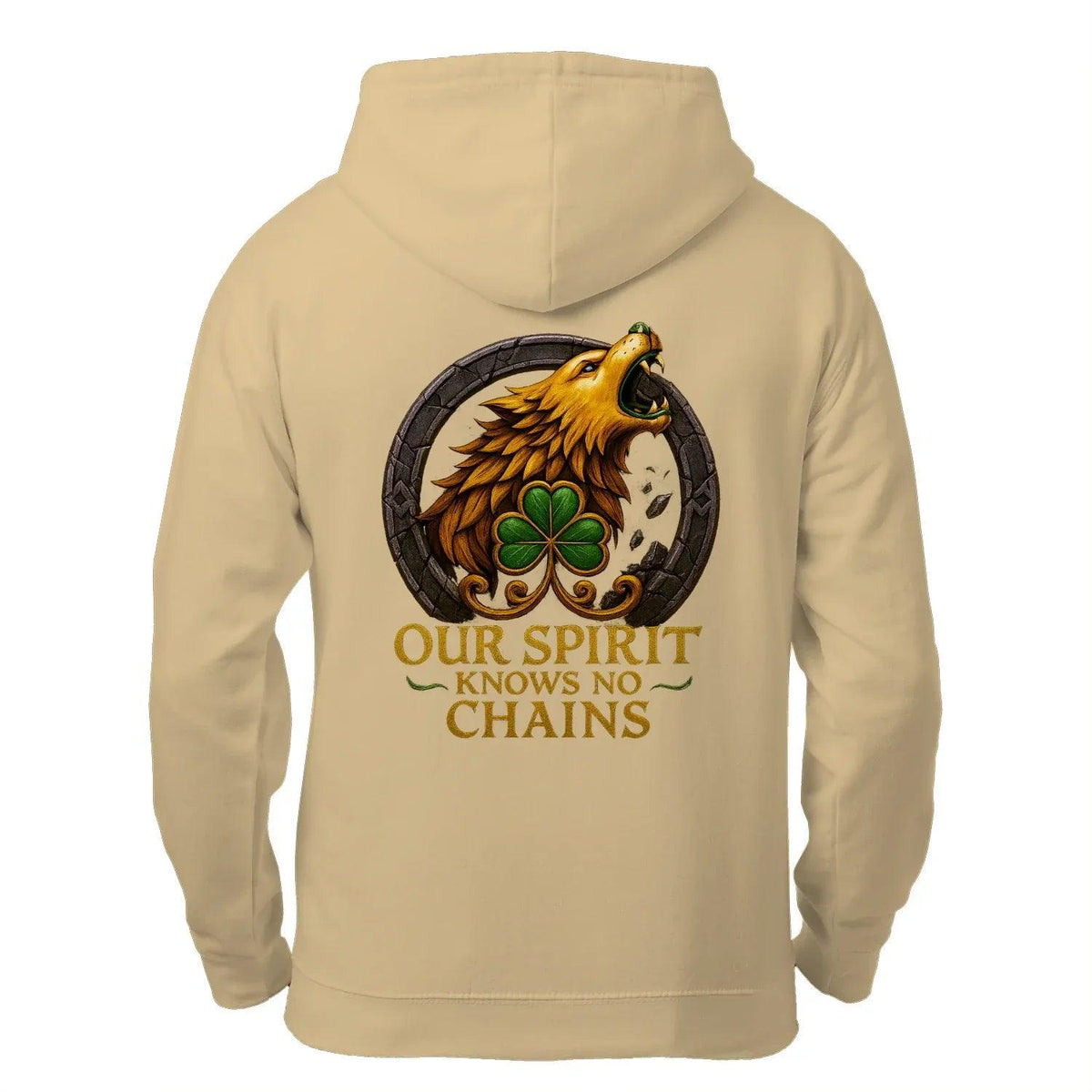 Zip hoodie, desert sand, back view with large dragon-and-clover emblem and text