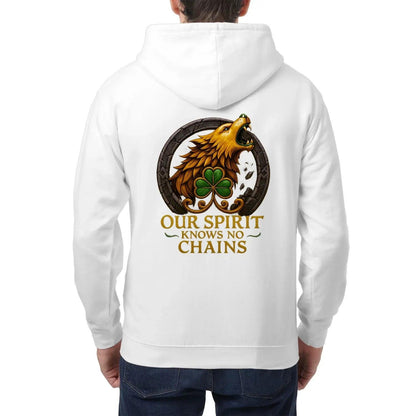 Zip hoodie, arctic white, back view with large dragon-and-clover emblem and text