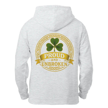 Arctic white zip hoodie with back shamrock crest graphic, “Proud and Unbroken”.