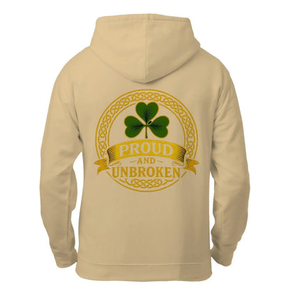 Khaki zip hoodie with hood and large back emblem "PROUD and UNBROKEN"