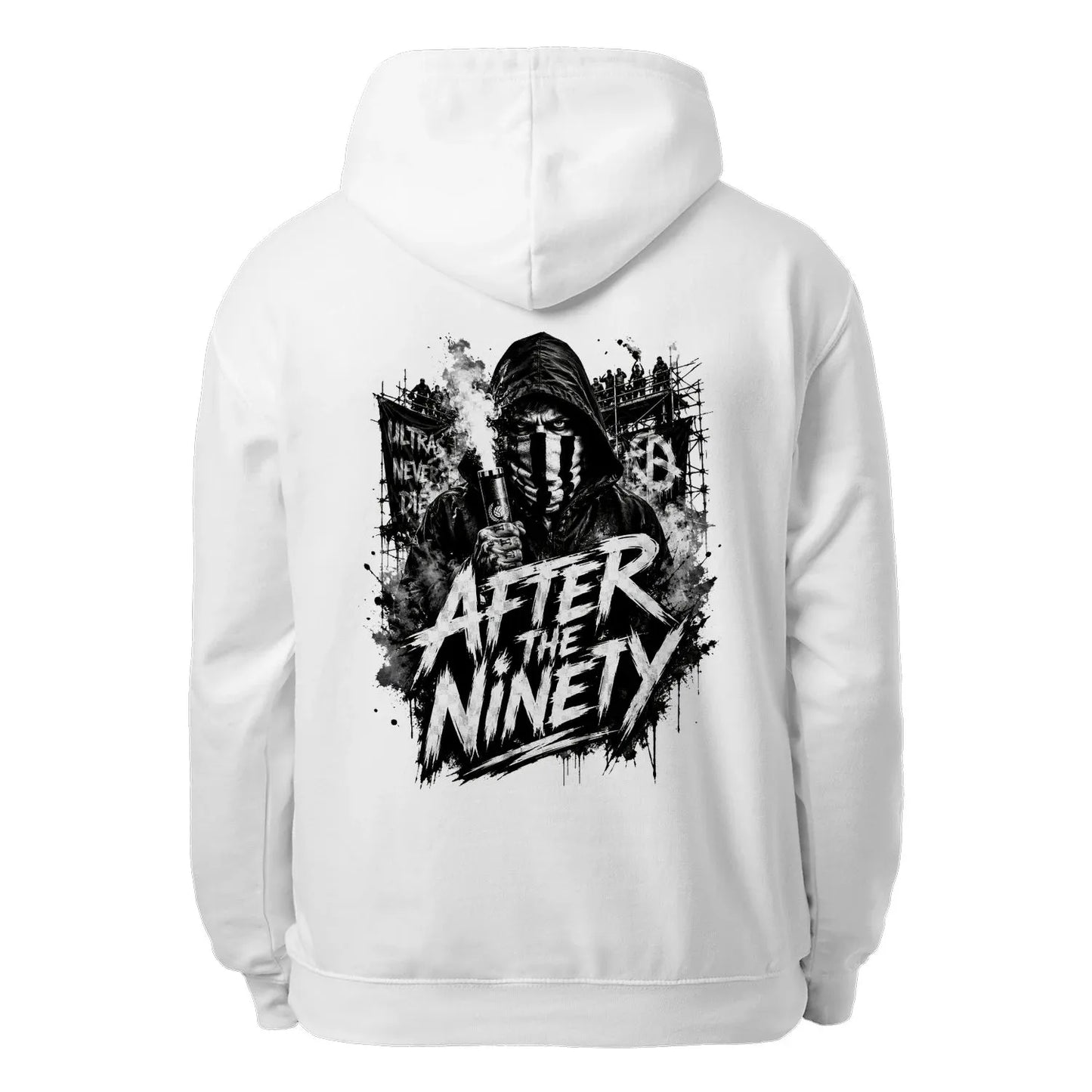 White pullover hoodie with large back graphic print and hood drawstrings.