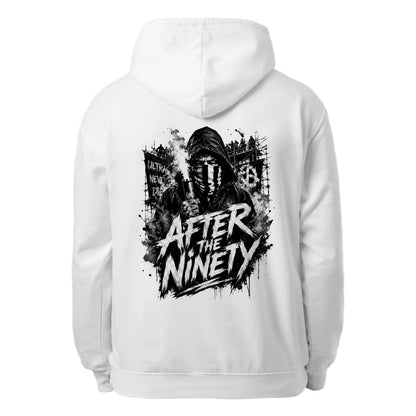 White pullover hoodie with large back graphic print and hood drawstrings.