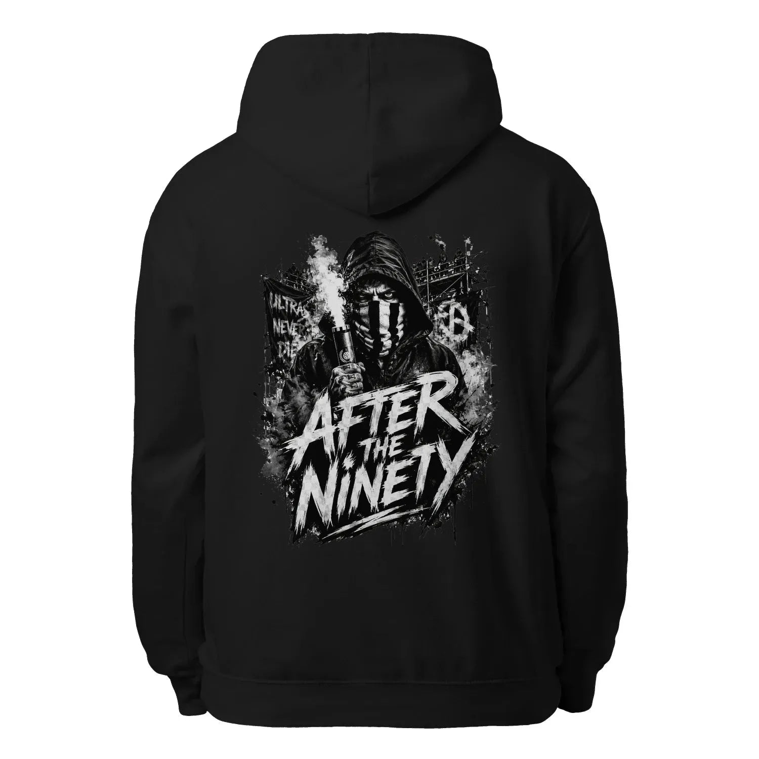 Black pullover hoodie with large back graphic print and hood drawstrings.