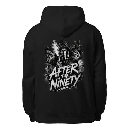Black pullover hoodie with large back graphic print and hood drawstrings.