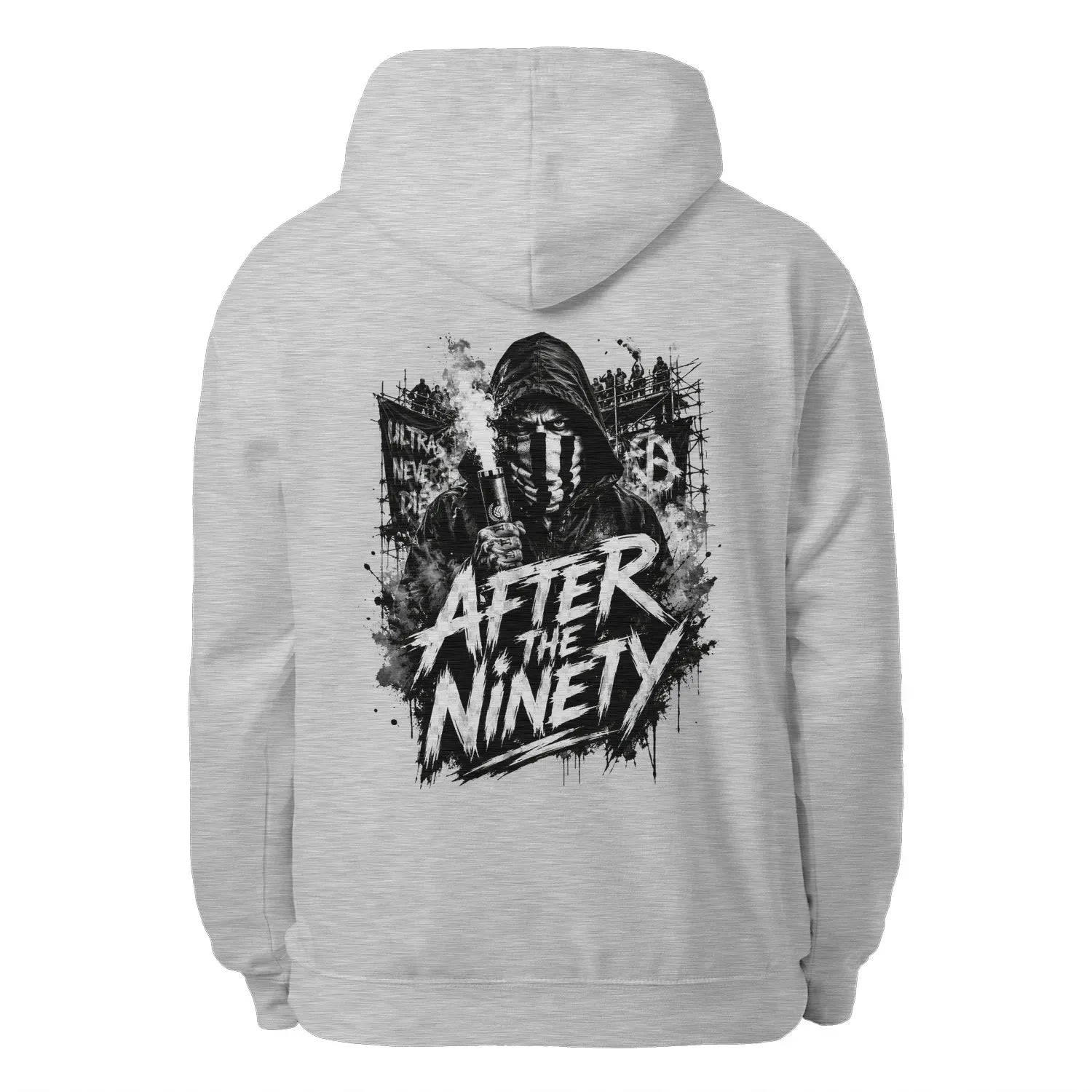 Heather grey pullover hoodie with large back graphic print and hood drawstrings.